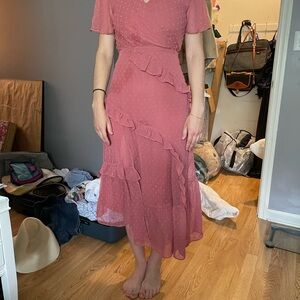 Lulu's Ruched V-Neck Flutter Sleeve Midi Dress in Purple and Pink